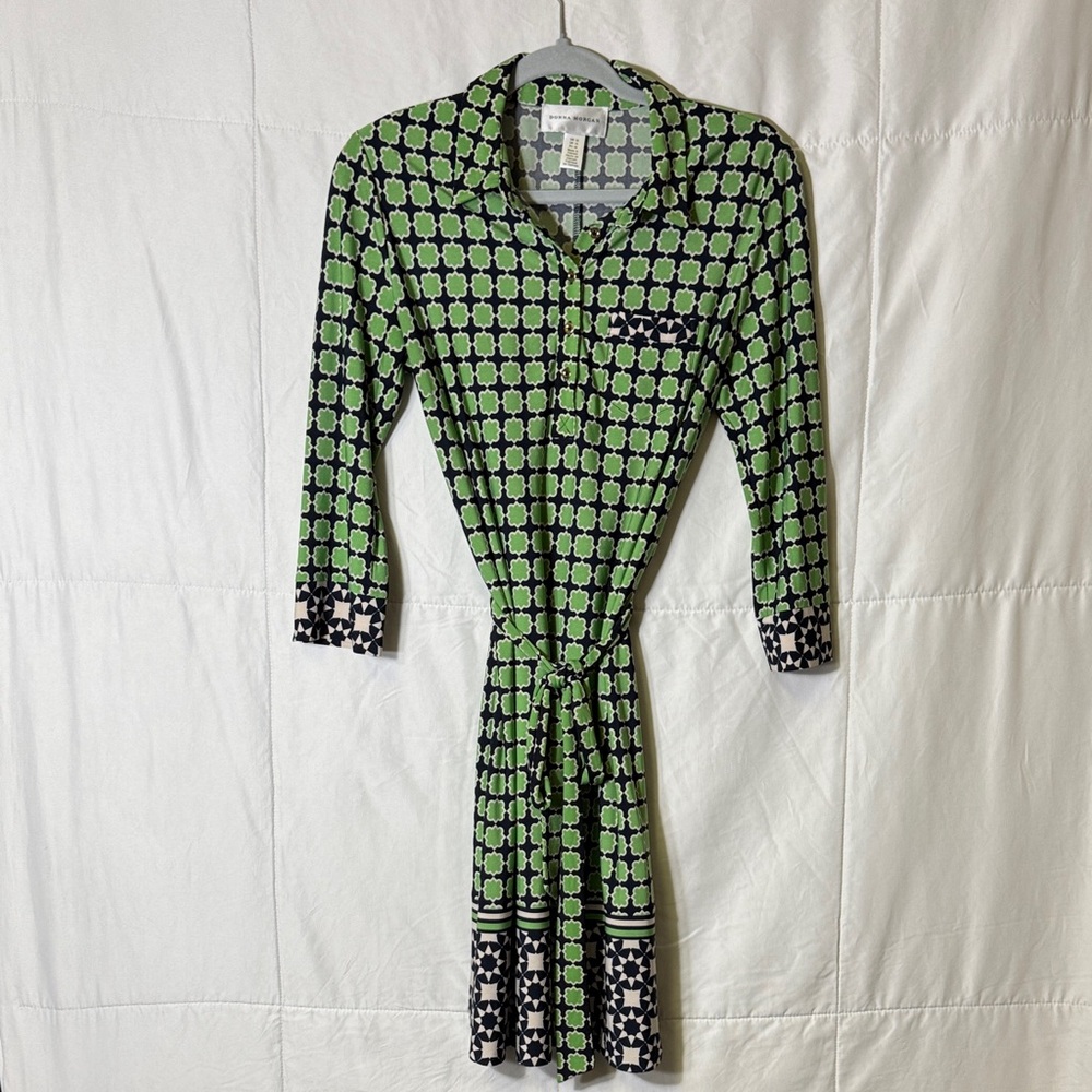Donna Morgan Green Geometric Shirt Dress‎ | Size 10 | Belted